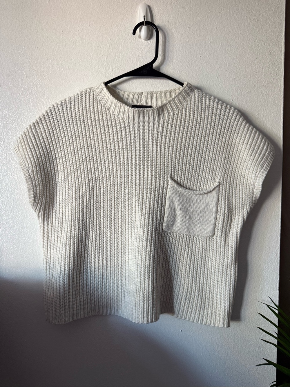 Miou Muse Ribbed Crewneck Short-Sleeve Sweater in Cream